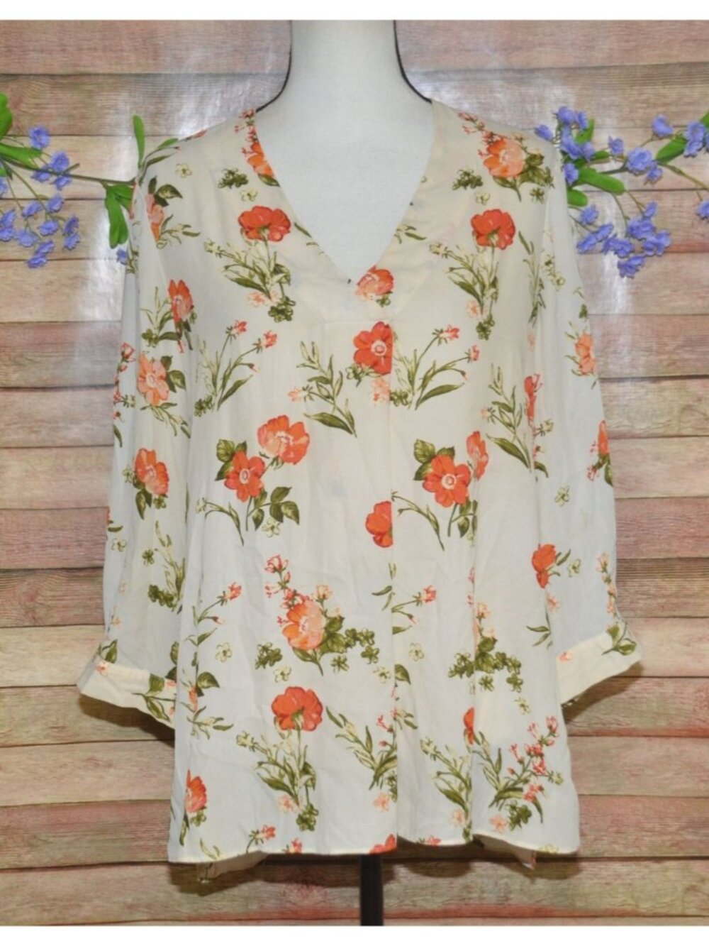 Shabby Chic Rose + Olive Size L Floral Chiffon Blouse V-Neck 3/4 Sleeve Cottage